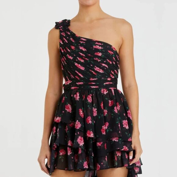 NWT Mac Duggal One Shoulder Ruffle Rose Layered High Low Gown Black 4 #A0553-54 - Picture 2 of 8